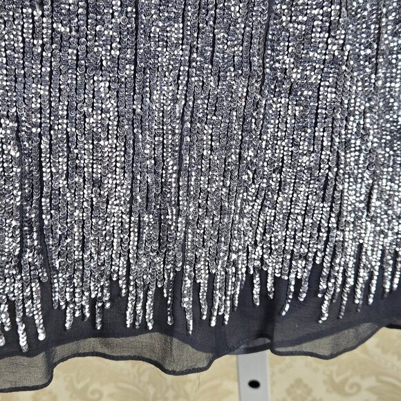 BASIX II Sz 4 100% Silk Gray Halter Dress Silver Sequin Embellishment Open Back - Picture 5 of 14